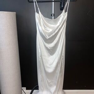 Fashion Nova White Satin Dress with feathers